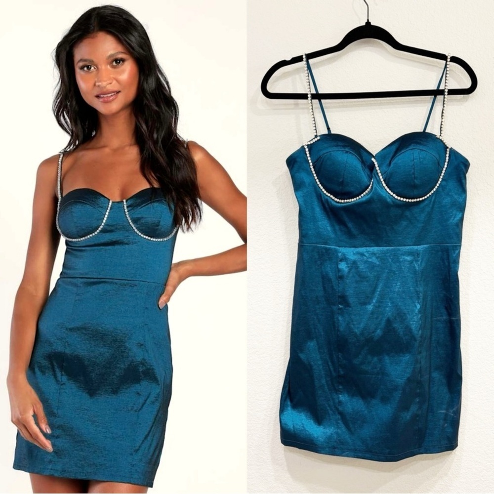 NWOT Lulus This Calls for Cocktails Teal Rhinestone Bustier Bodycon Dress